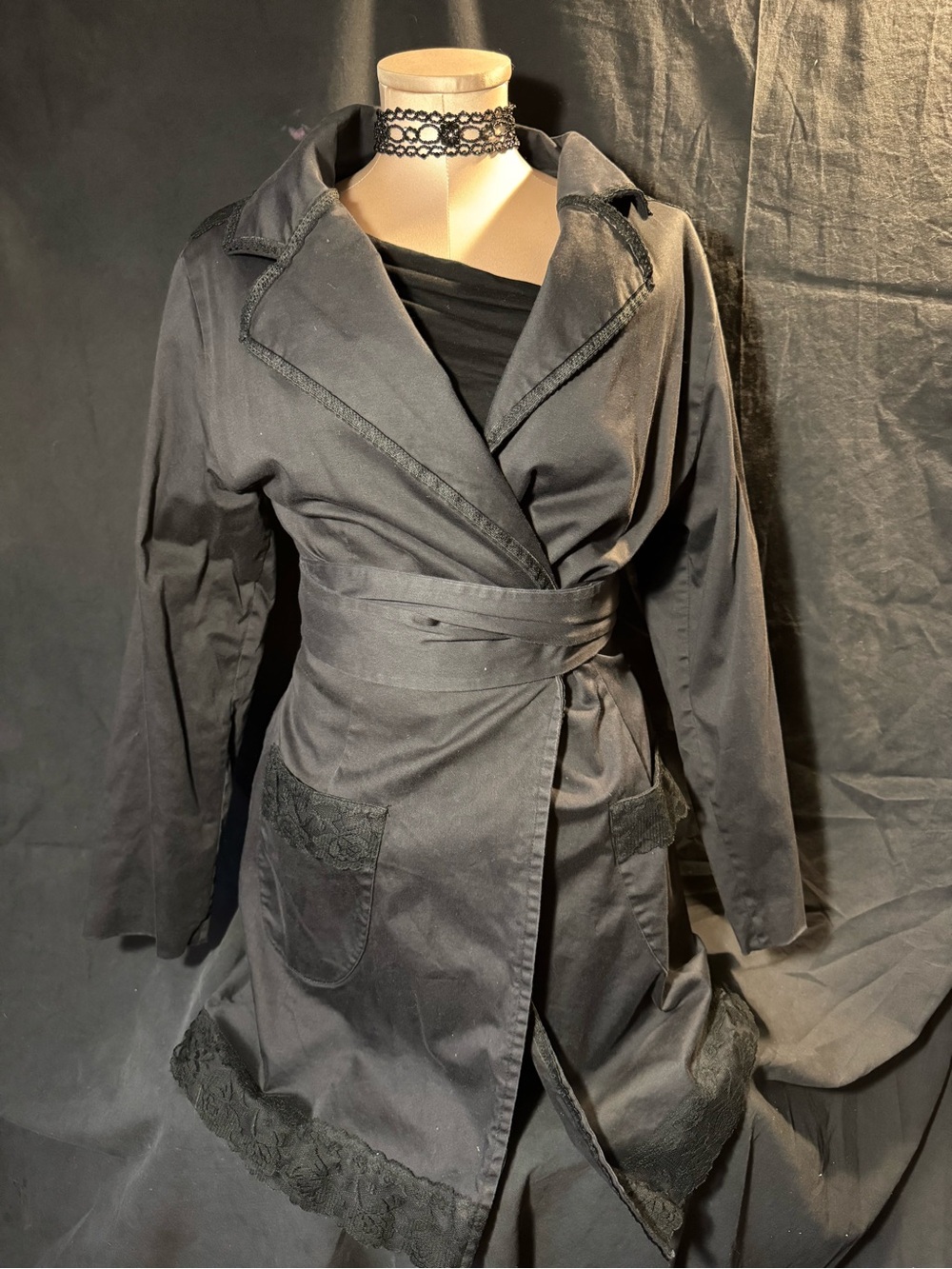 bebe Black Wrap Trench Coat with Lace Trim